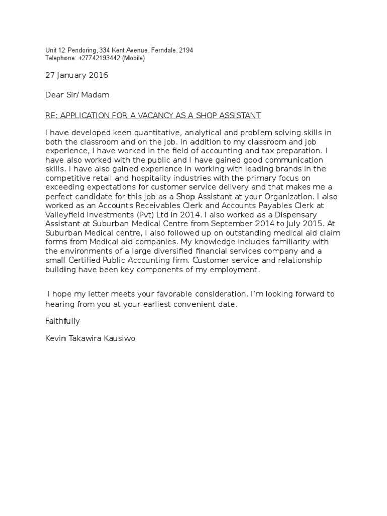 Shop Assistant Application Letter | PDF