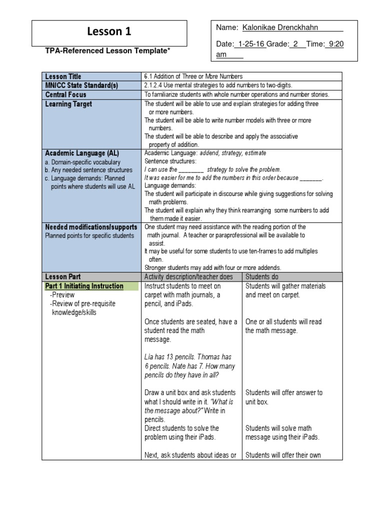 Addition and Subtraction Lesson Plan | PDF | Subtraction | Educational ...