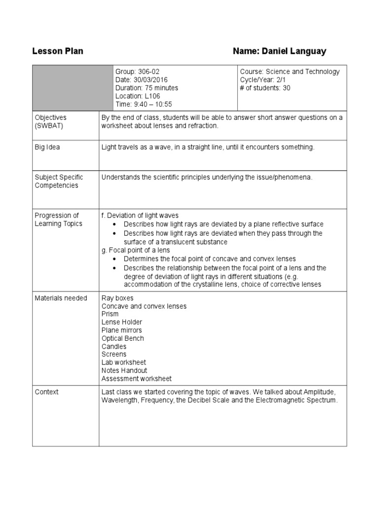 03302016 lenses and mirrors lesson plan Lens (Optics) Light