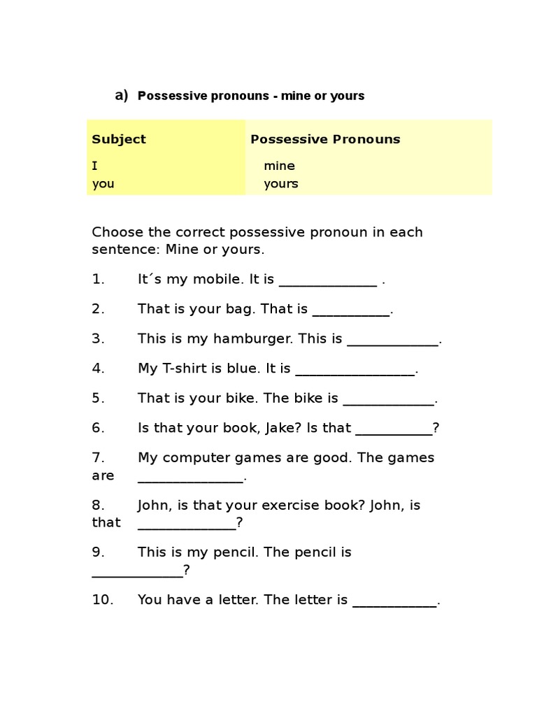 Personal Possessive And Reflexive Pronouns Exercises Pdf