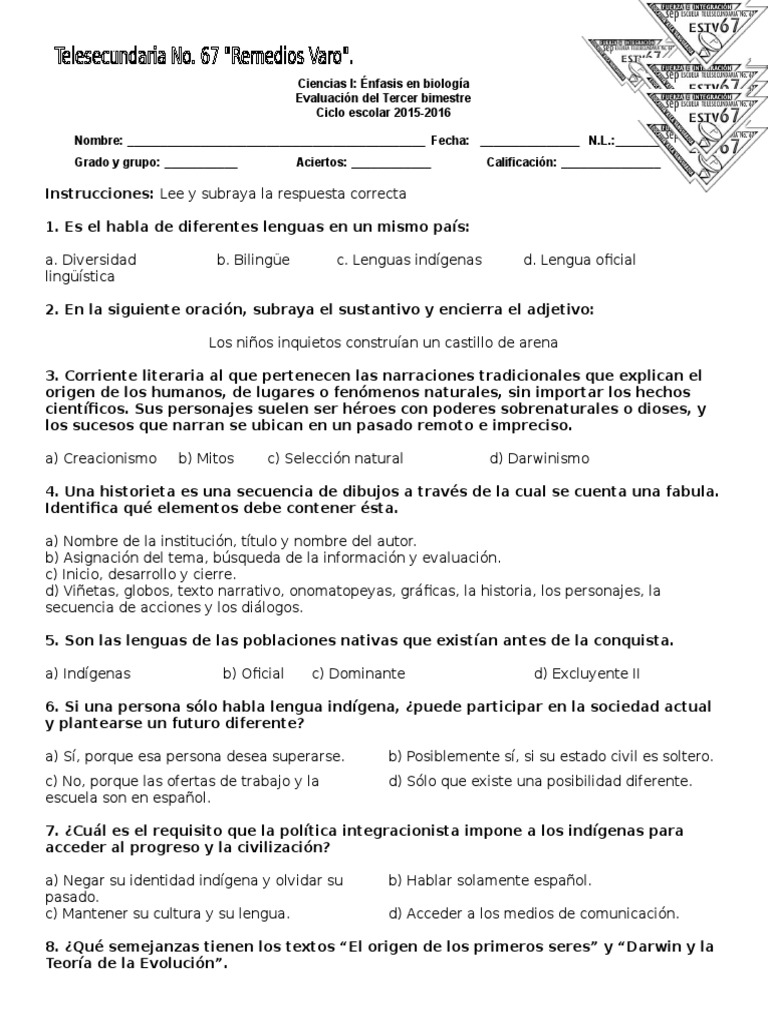 Español Examen primer grado Bloque 3 Lengua española Narrativa