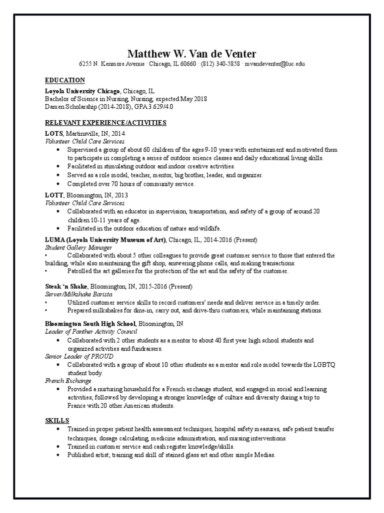 Matthew Van de Venter's Nursing Resume | PDF | Wellness