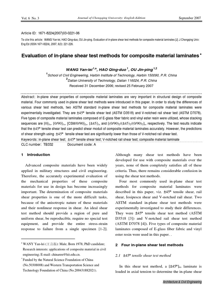 In-Plane Shear Test Methods Evaluation | PDF | Strength Of Materials ...