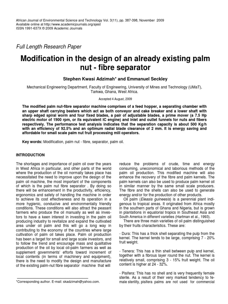 Modification in The Design of An Already Existing Palm Nut Fiber