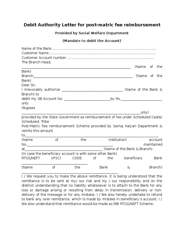 Debit Authority Letter for Post SC