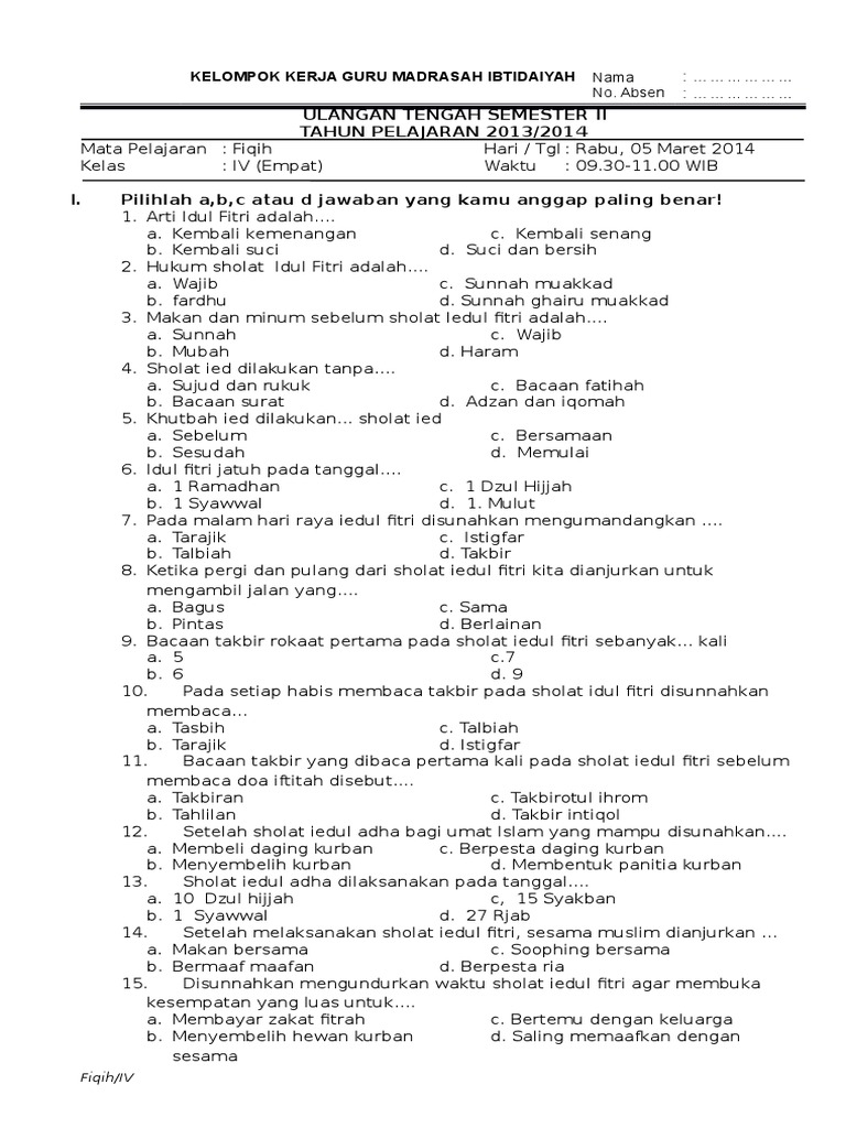 Soal Ujian Tematik Fiqih Mi Kls 2 Semester Ganjil