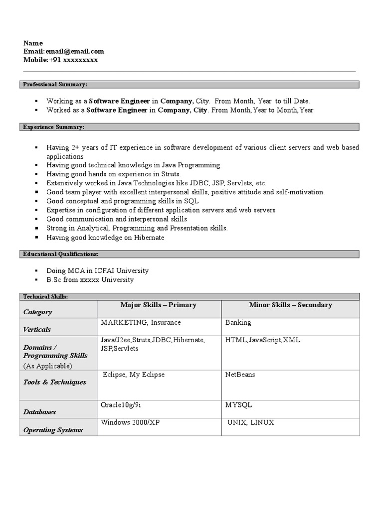 Java 2Plus Resume 1 good for 2 year java Java Server Pages Java (Programming Language)