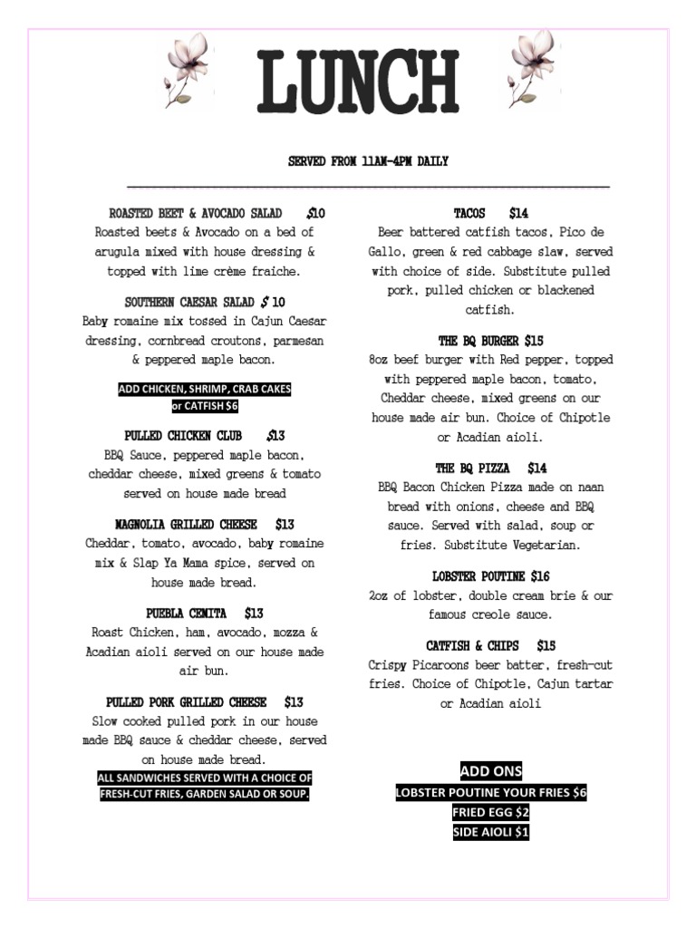 Bourbon Quarter Lunch Menu Salad Hamburgers