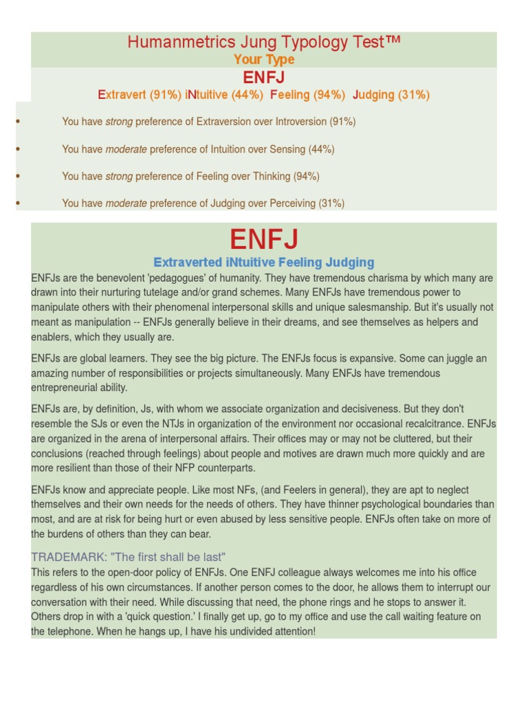 Humanmetrics Jung Typology Test PDF Personality Type Extraversion