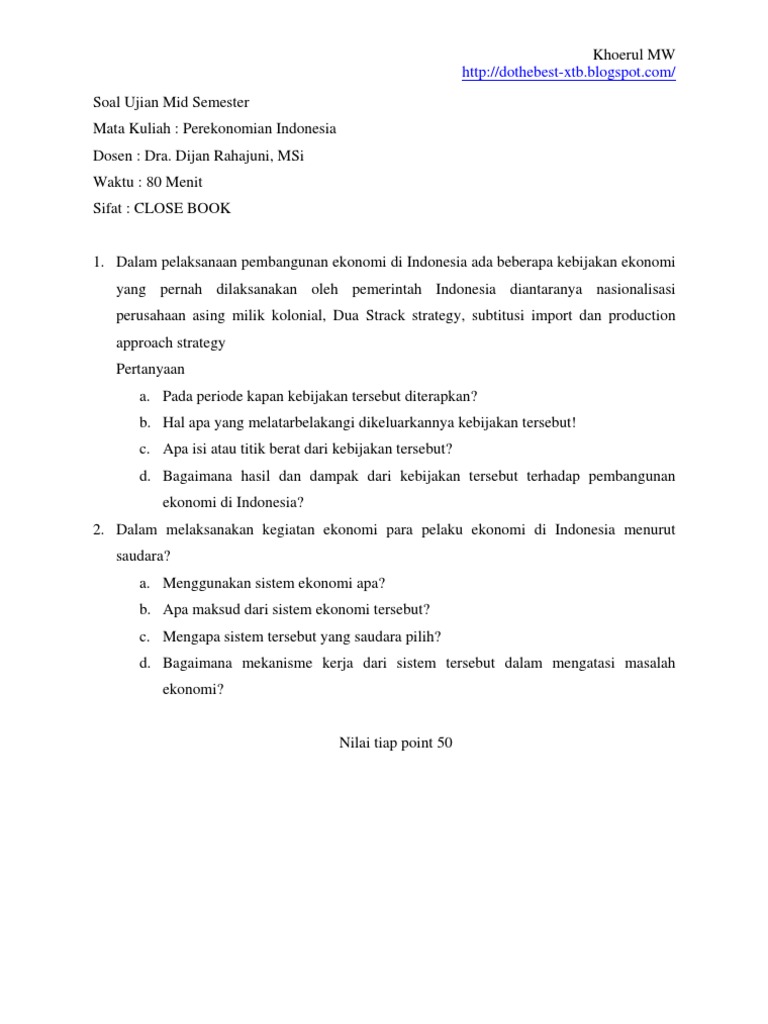 Ujian Mid Semester Perekonomian Indonesia Dra Dijan Rahajuni Msi
