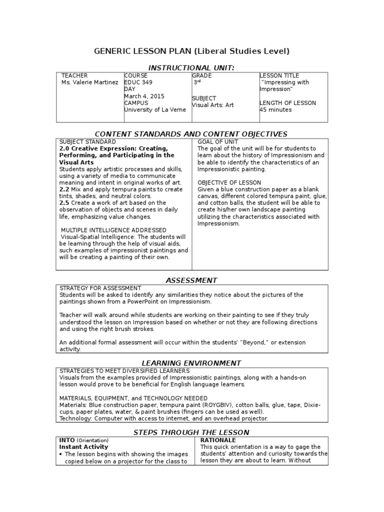 Educ 349 Lesson Plan Template | PDF | Impressionism | Paintings