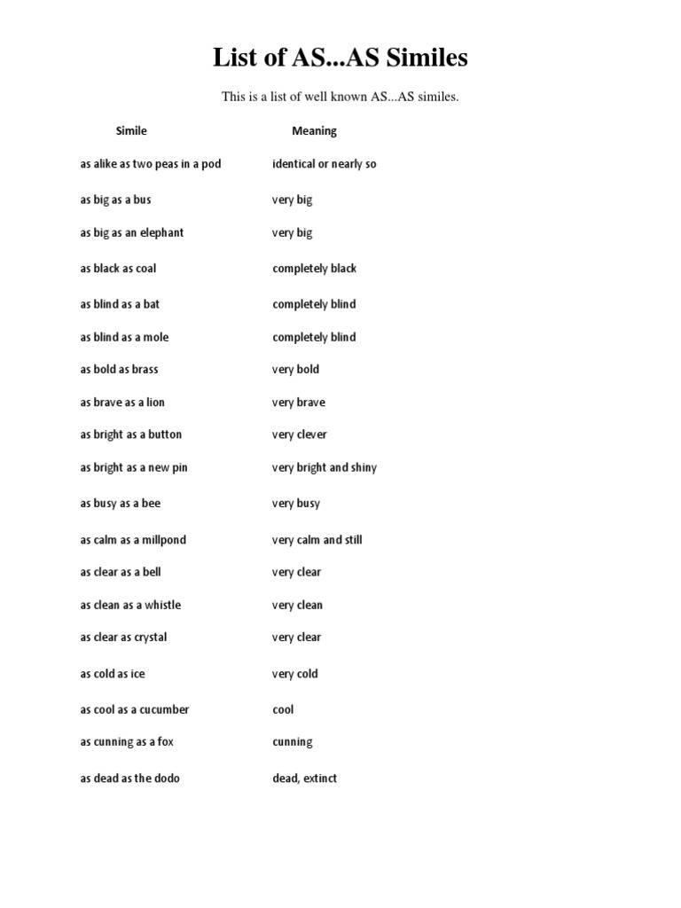 Similes List Of As As Nature
