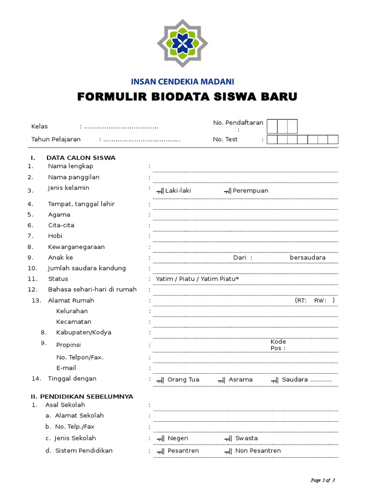 Formulir Biodata Siswa PDF