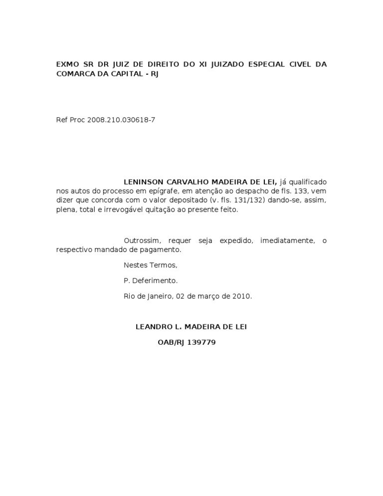 Manifestação sobre o valor depositado