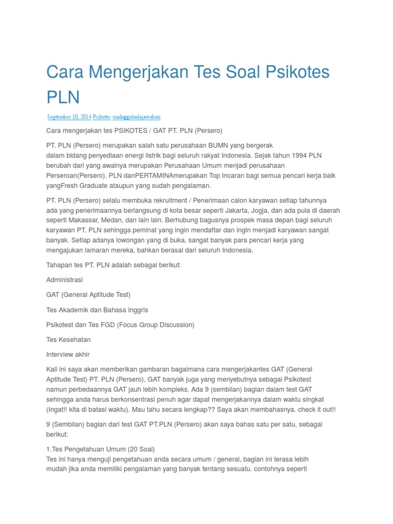 Cara Mengerjakan Tes Soal Psikotes Pln
