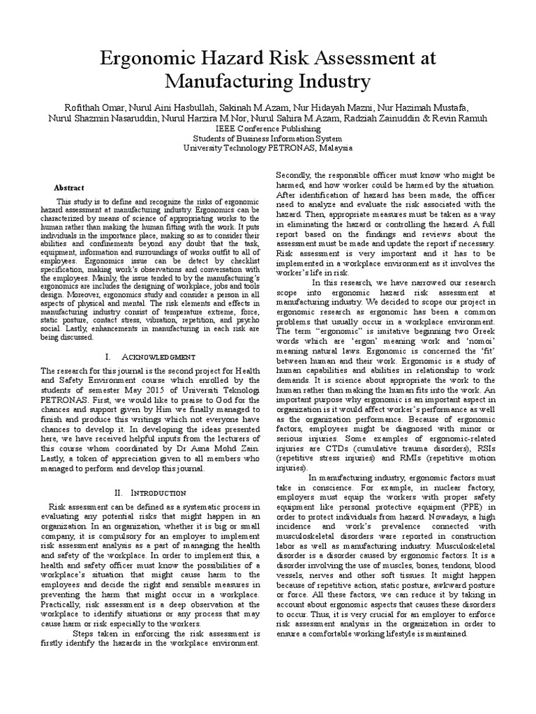 Ergonomic Hazard Risk Assessment in Manufacturing | PDF | Human Factors ...