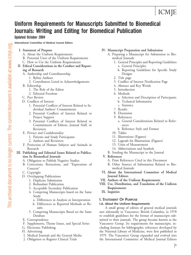 Uniform Requirements For Manuscripts Submitted To Biomedical Journals