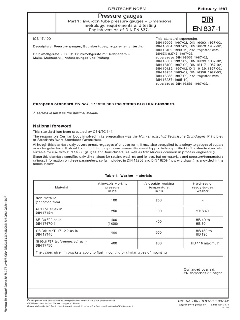 DIN en 8371 Pressure Gauges PDF Pressure Measurement Washer