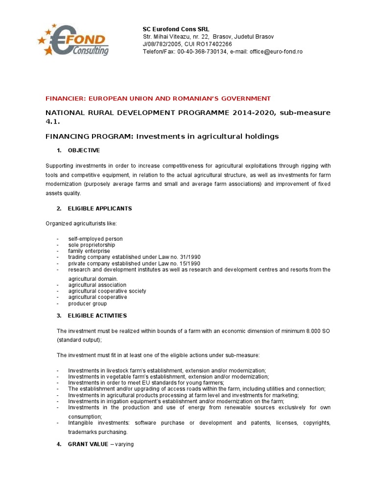 NATIONAL RURAL DEVELOPMENT PROGRAMME 2014-2020, Sub-Measure 4.1 ...