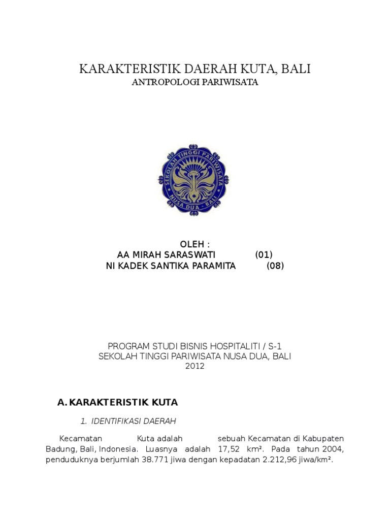 Karakteristik Daerah Kuta Antropologi Pariwisata