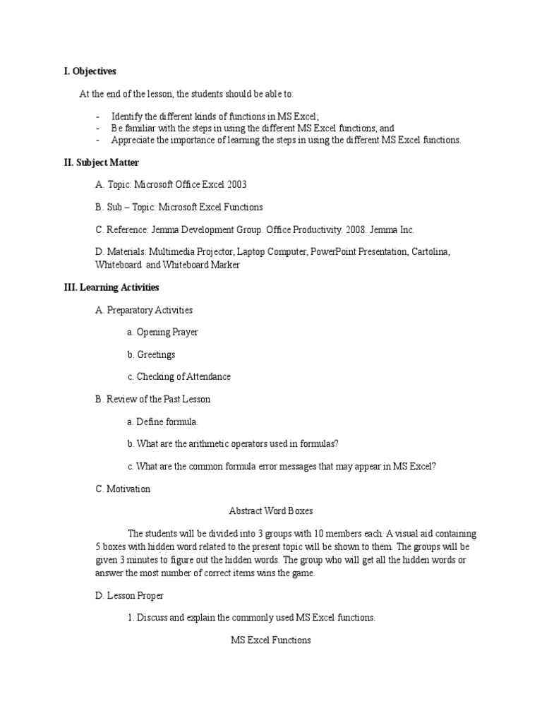 Lesson Plan Excel Functions | Microsoft Excel | Arithmetic Mean