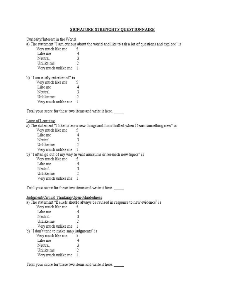 Signature Strengths Test | PDF | Social Psychology | Psychology