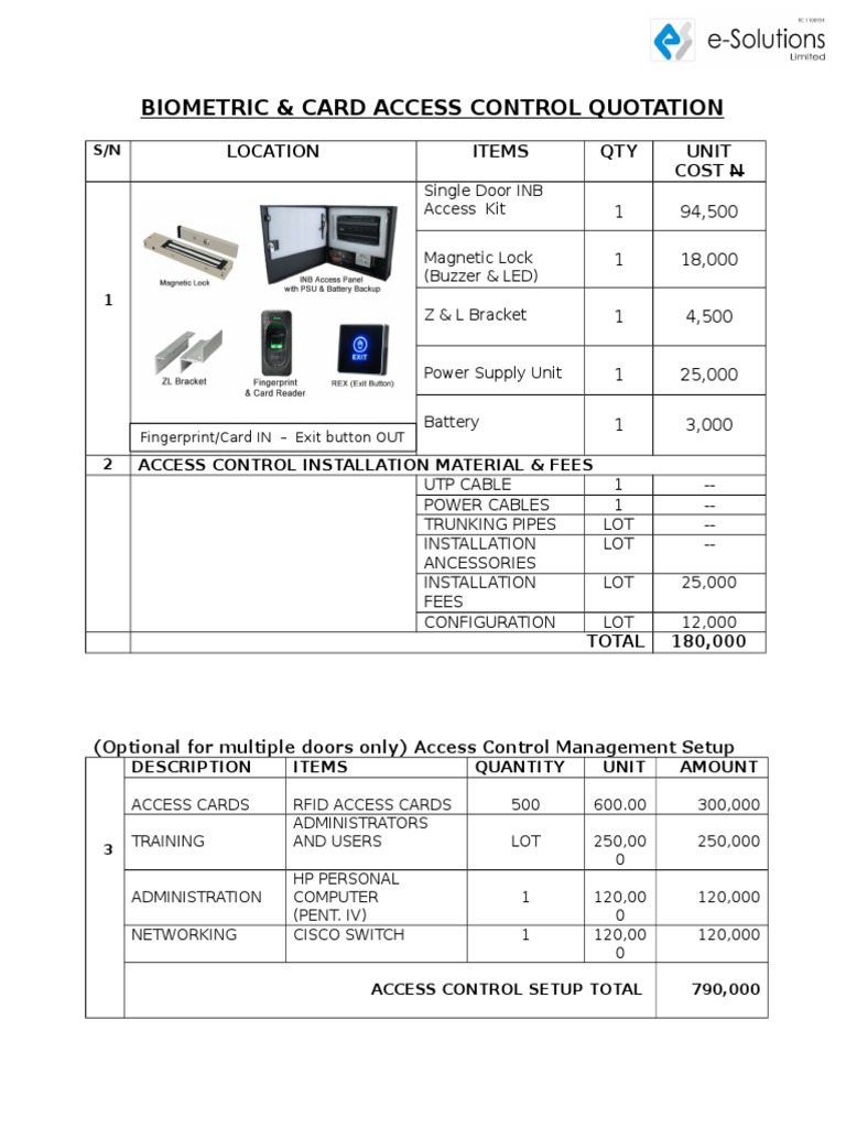 Access Control System Quotation | PDF