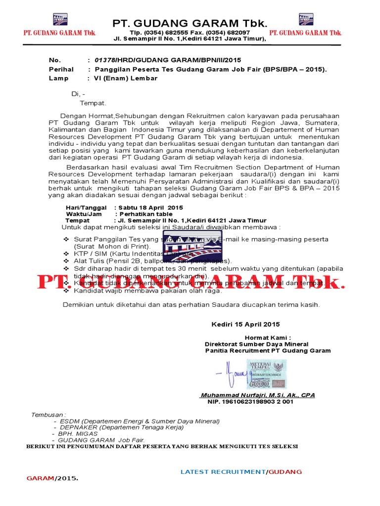  Surat  Resmi  Pt gudang Garam Tbk