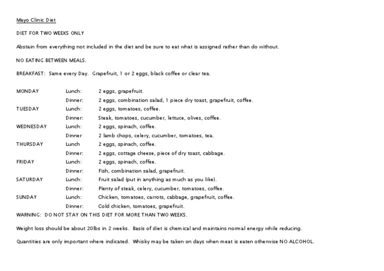 Free Printable Mayo Clinic Diet