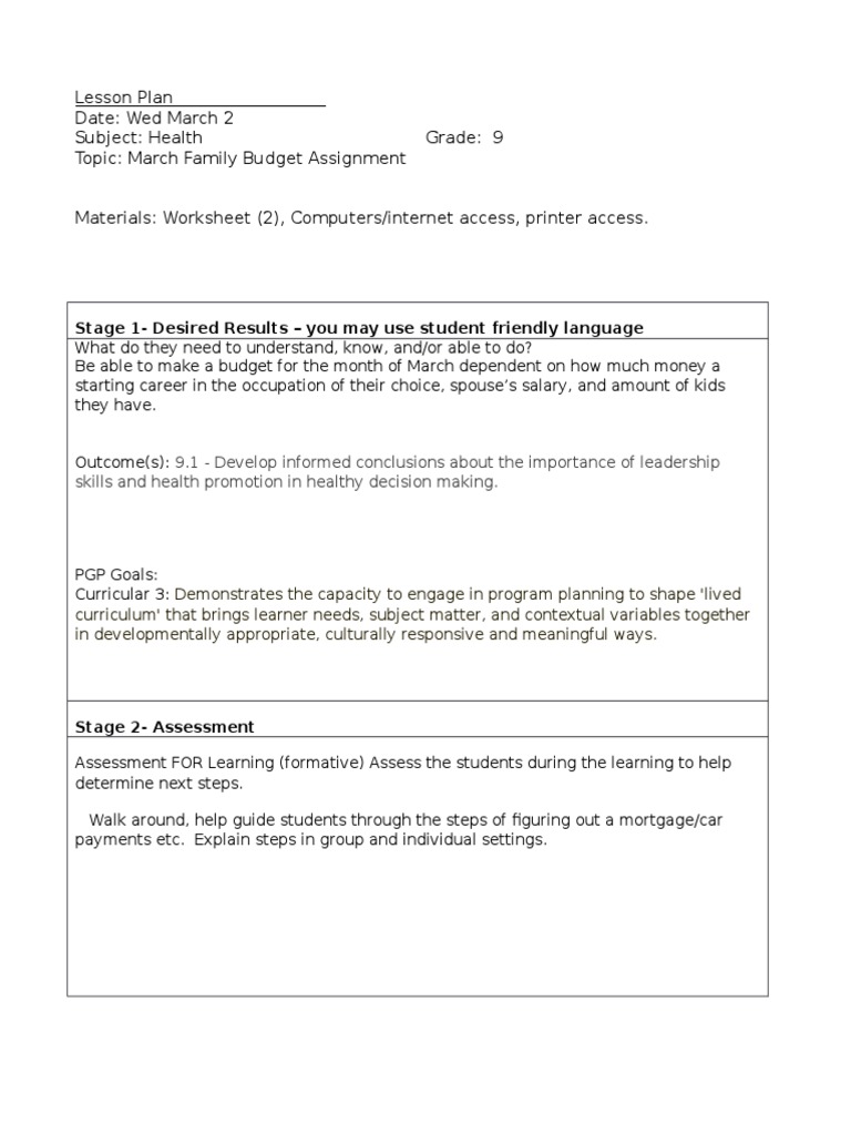 March Family Budget Lesson Plan | PDF | Educational Assessment | Expense
