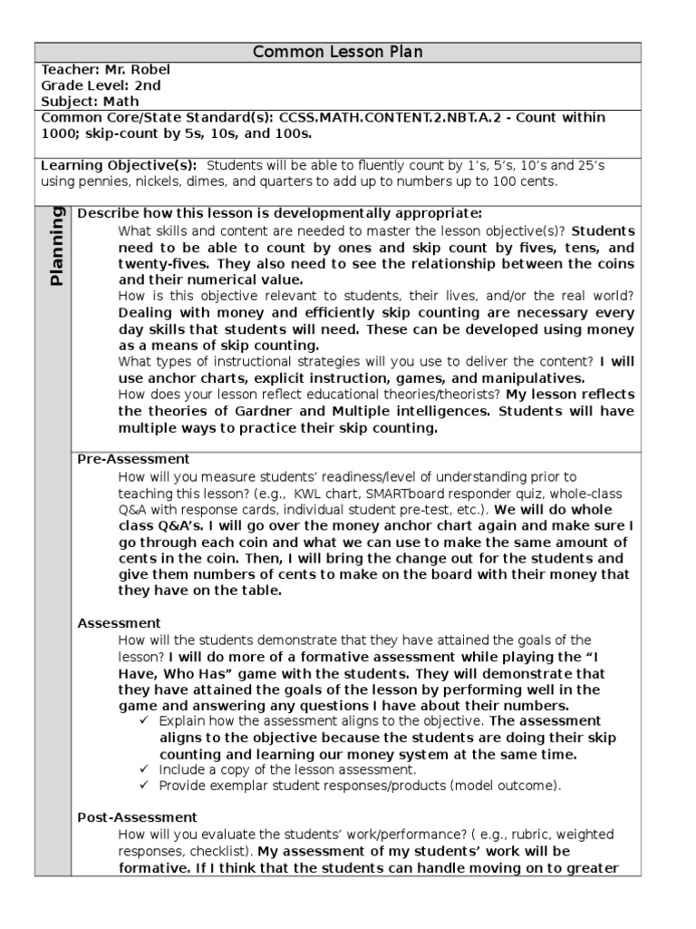 2nd Grade Math Lesson: Counting Money | PDF | Educational Assessment ...