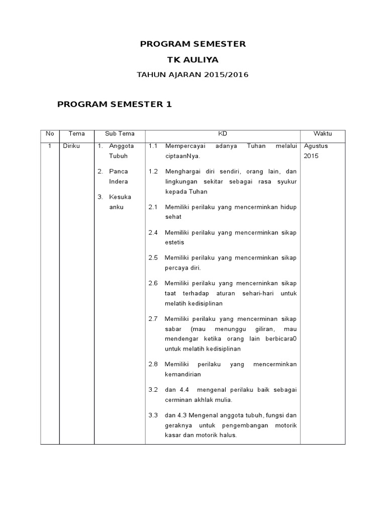Program Semester PAUD TK Auliya 2015/2016 | PDF | Karier & Perkembangan