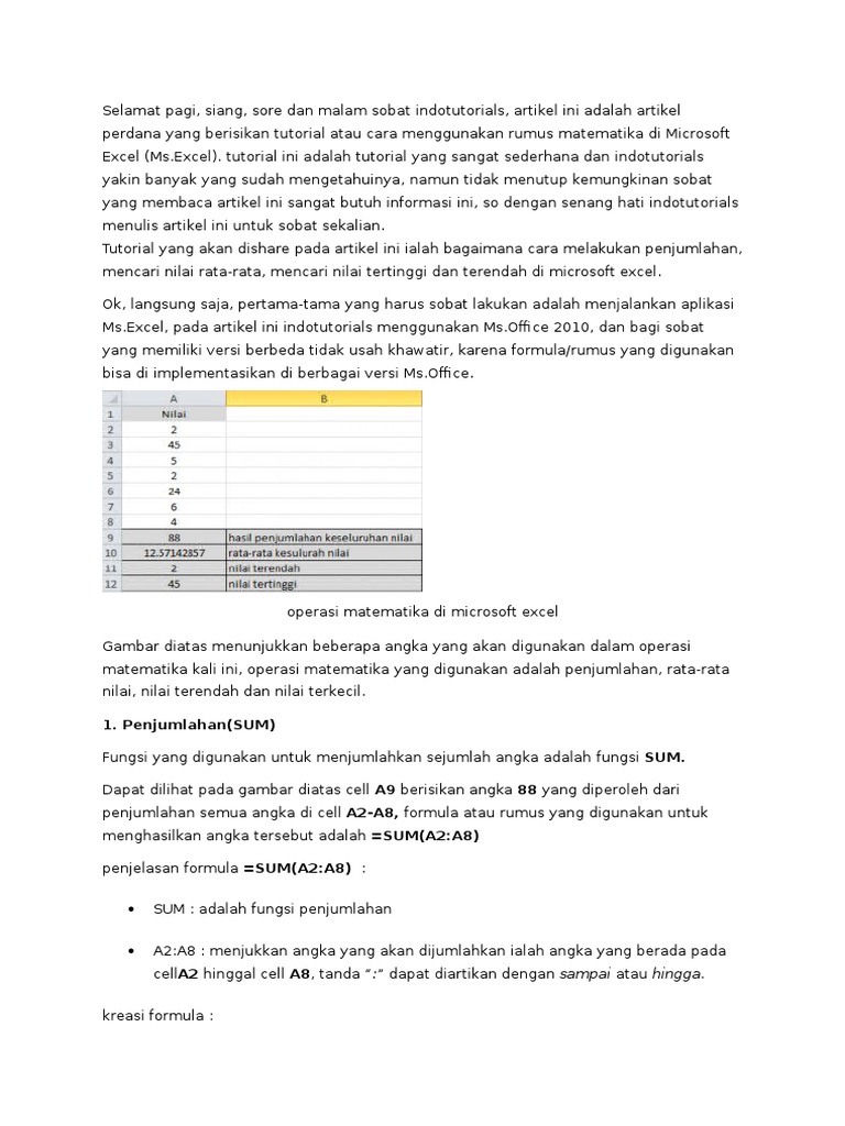 Rumus Matematika Dasar di Excel | PDF