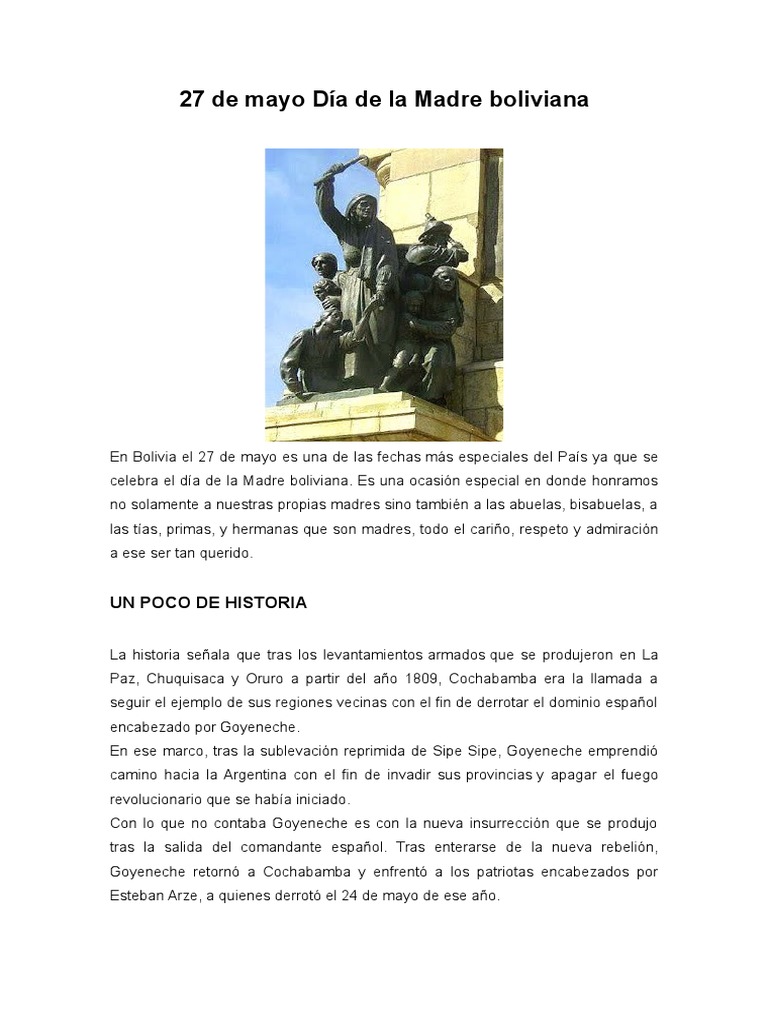 27 de Mayo Día de La Madre Boliviana Bolivia Conflictos del segundo milenio Prueba