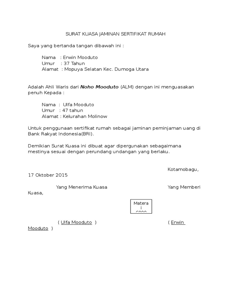 Contoh Surat Kuasa Untuk Jaminan Sertifikat Tanah Doc