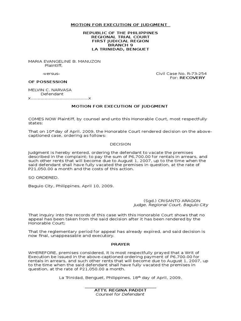Legal Form Motion For Execution of Judgment