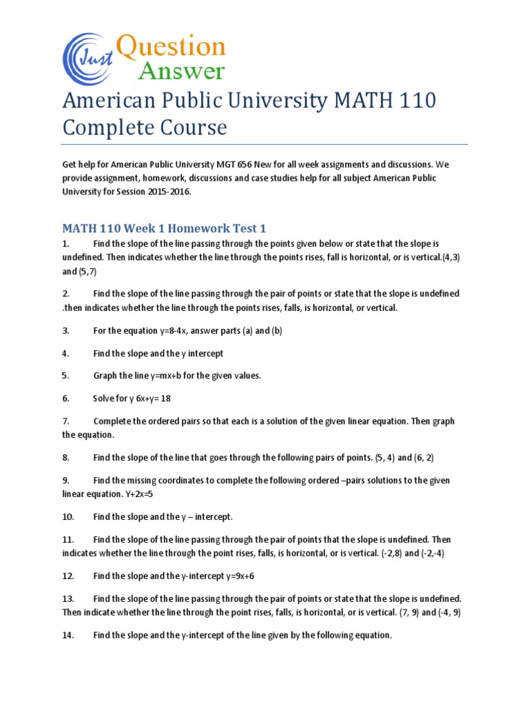 MATH 110 Week 1 Homework Overview | PDF | Line (Geometry) | Quadratic ...