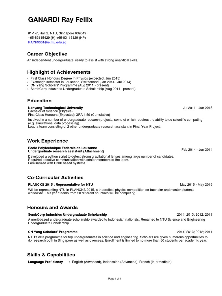 Physics Student CV with Research Experience | PDF | Art