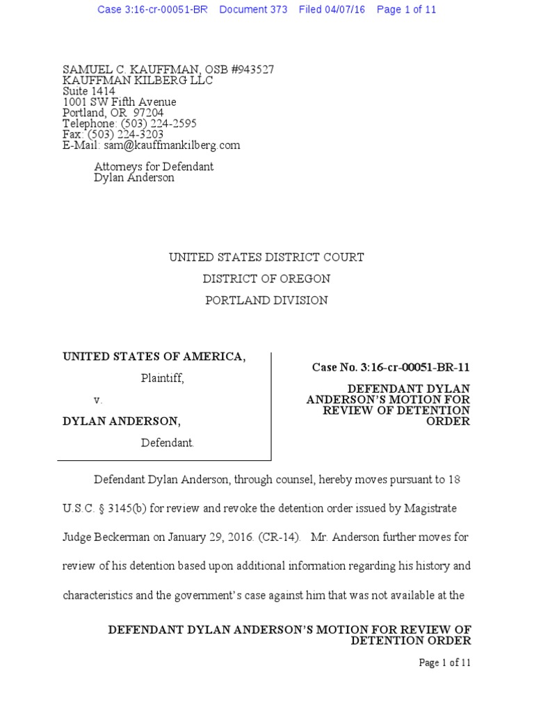 04072016 ECF 373 USA v DYLAN ANDERSON Motion to Revoke Detention