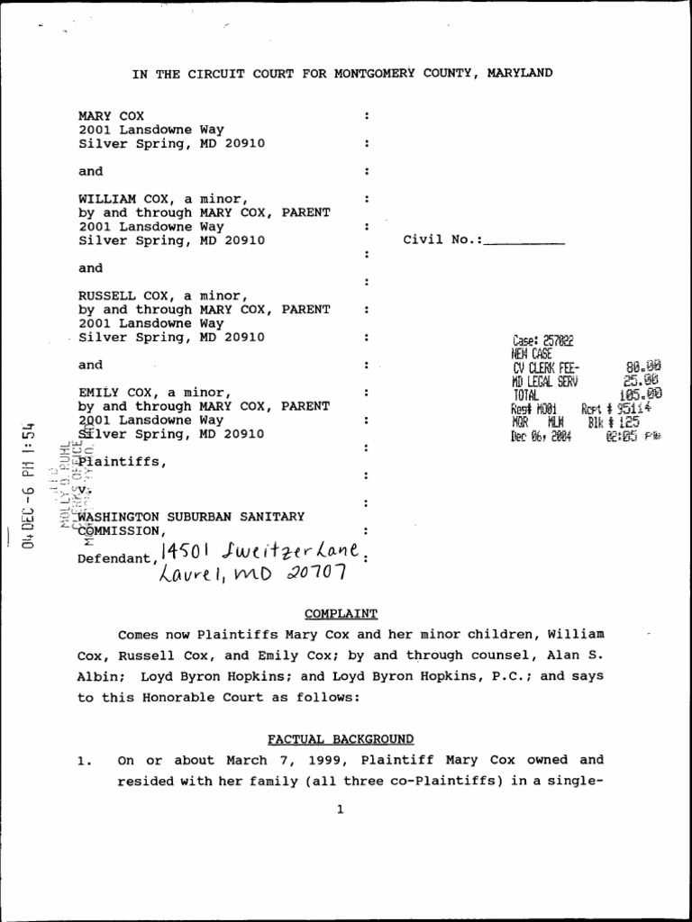 Sample Nuisance Complaint Negligence Trespass