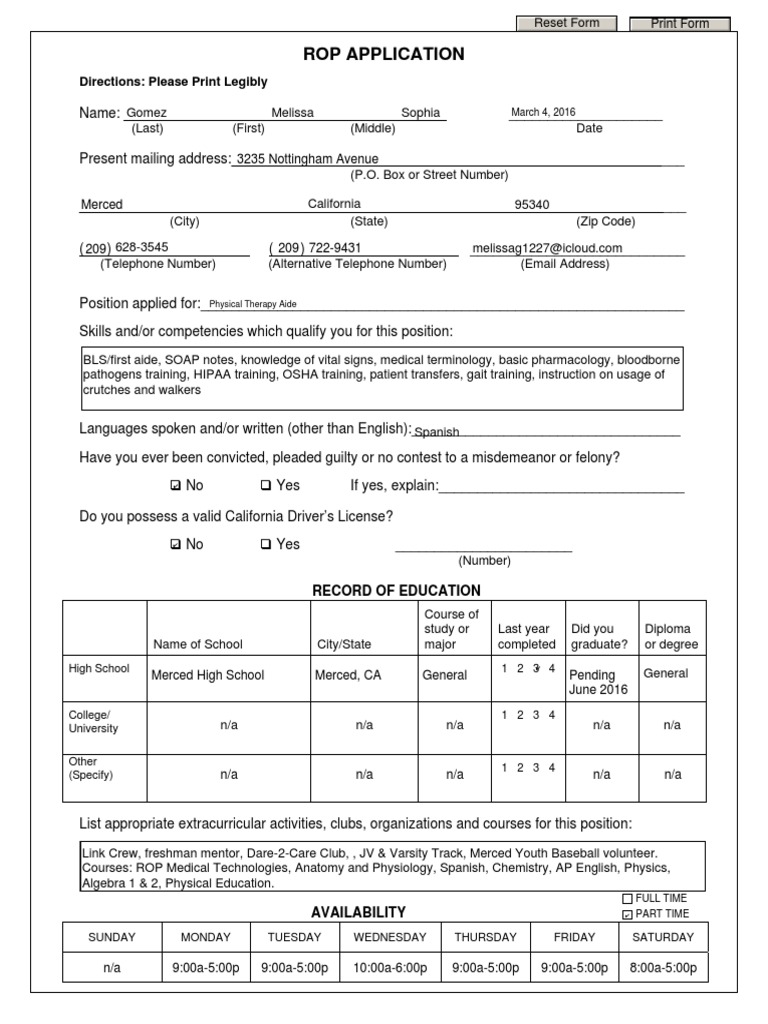 ROP Application Form Template | PDF | Wellness | Medical