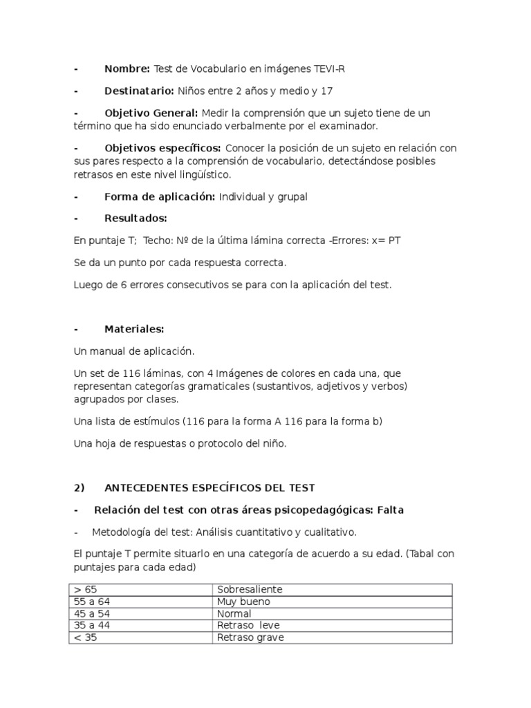Test de Vocabulario TEVI-R para Niños | PDF | Artes del Lenguaje y ...