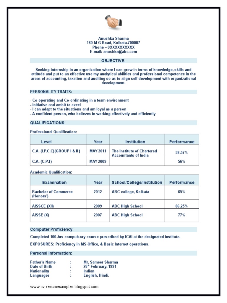 resume How To Make Resume For Ca Articleship comfortable standard format of resume for ca articleship photos chartered accountant sample
