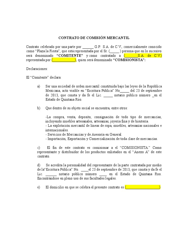 Contrato de Comisión Mercantil Comercio México