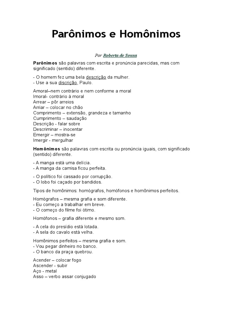 Atividades Com Homonimos E Paronimos Para 5o Ano
