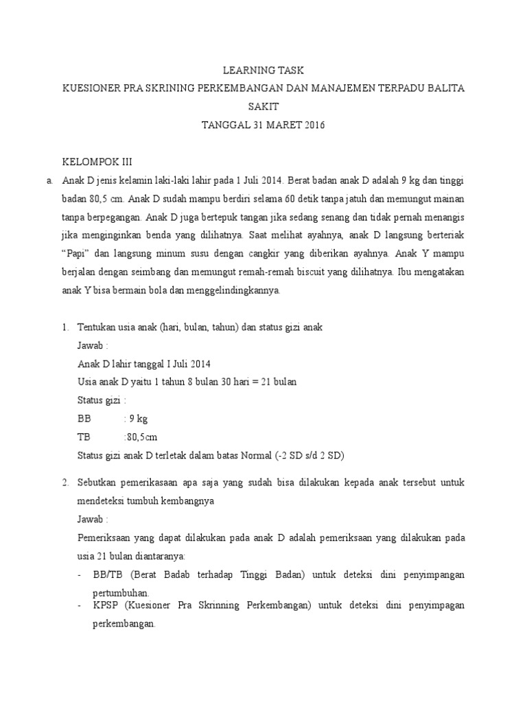 Contoh Soal Deteksi Dini Tumbuh Kembang Anak Usia Dini
