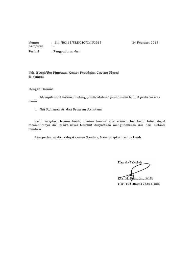 Surat Pengunduran Diri Prakerin Pdf