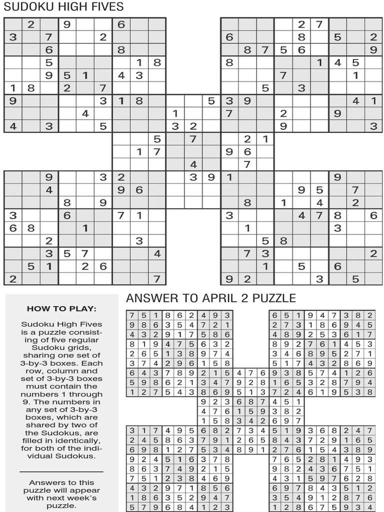 Printable Sudoku High-Five, April 9 | PDF | Design Of Experiments | Abstract Strategy Games