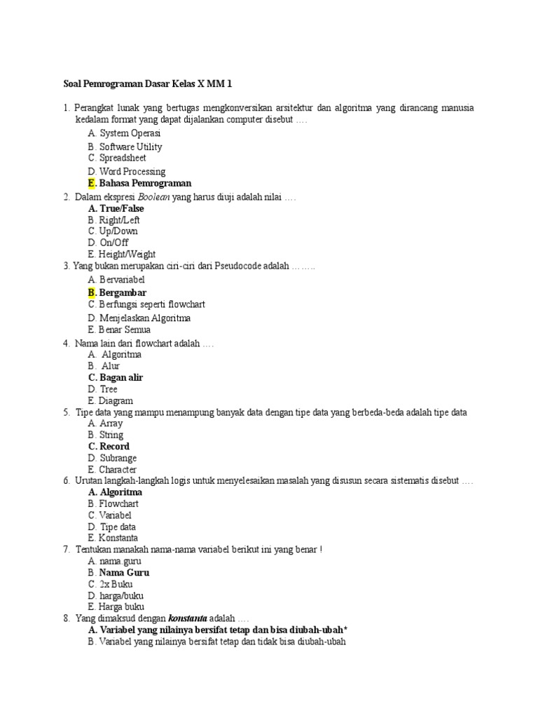 Soal Pemrograman Dasar Kelas X Mm 1