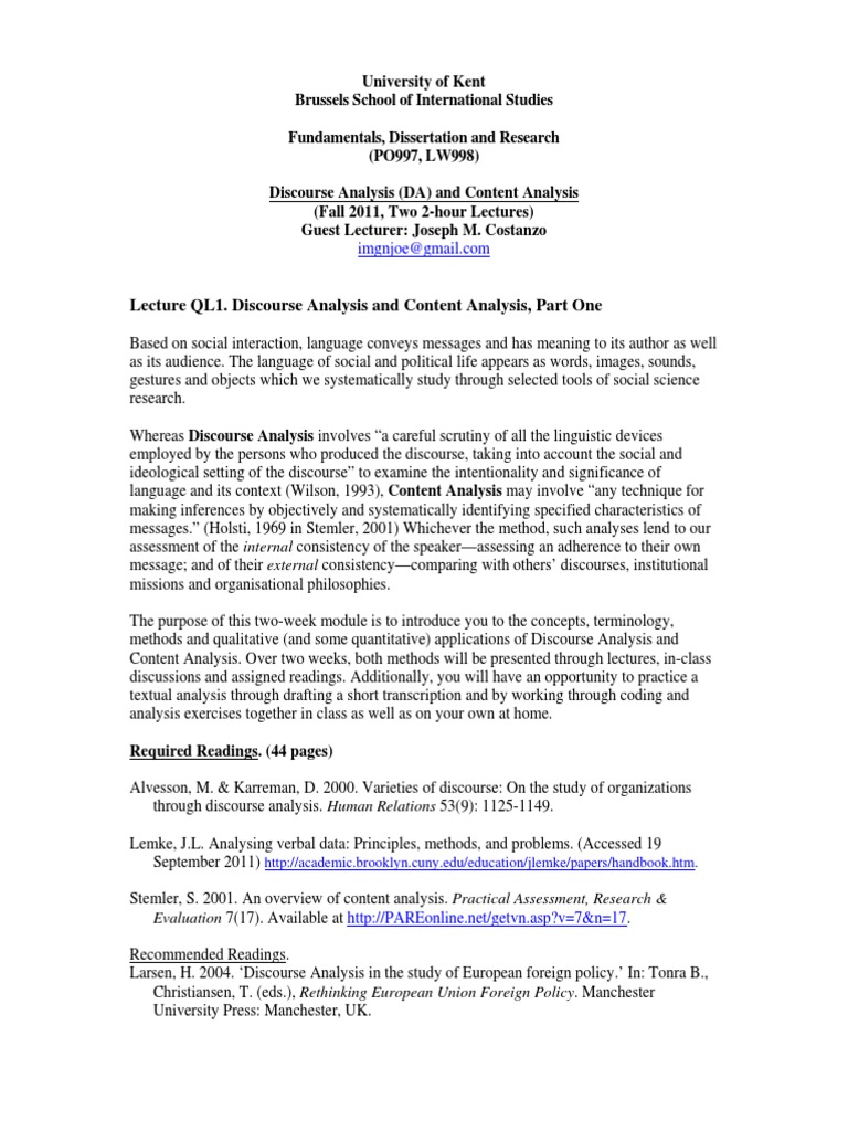 Discourse and Content Analysis Methods | PDF | Data Analysis | Methodology